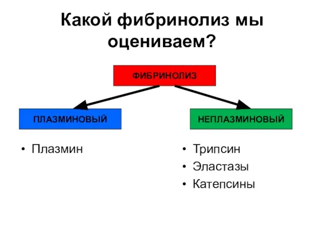 Какой фибринолиз мы оцениваем? Плазмин Трипсин Эластазы Катепсины ФИБРИНОЛИЗ ПЛАЗМИНОВЫЙ НЕПЛАЗМИНОВЫЙ