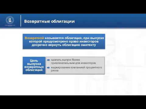 Возвратные облигации Возвратной называется облигация, при выпуске которой предусмотрено право инвесторов досрочно вернуть облигацию эмитенту