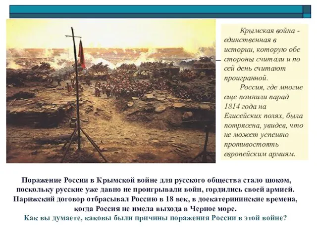 Поражение России в Крымской войне для русского общества стало шоком, поскольку