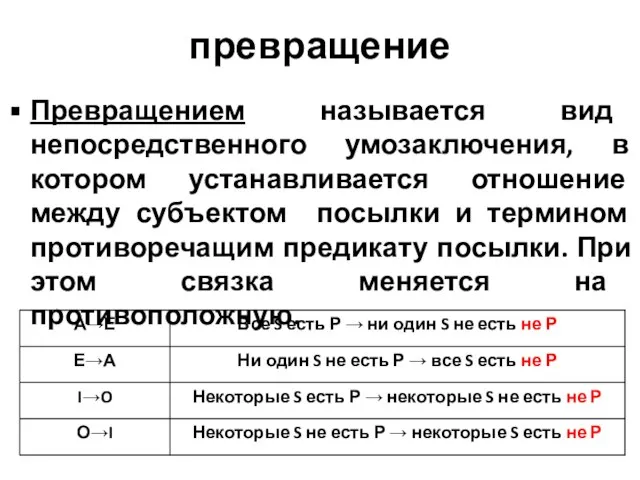 превращение Превращением называется вид непосредственного умозаключения, в котором устанавливается отношение между