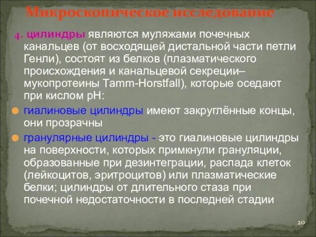 Микроскопическое исследование 4. цилиндры являются муляжами почечных канальцев (от восходящей дистальной