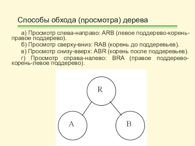 Способы обхода (просмотра) дерева а) Просмотр слева-направо: ARB (левое поддерево-корень-правое поддерево).