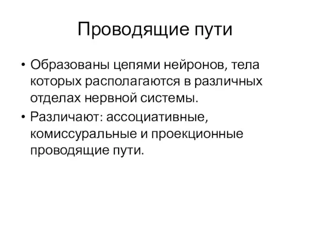 Проводящие пути Образованы цепями нейронов, тела которых располагаются в различных отделах