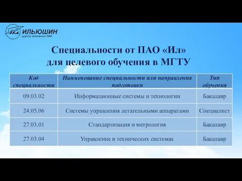 Специальности от ПАО «Ил» для целевого обучения в МГТУ