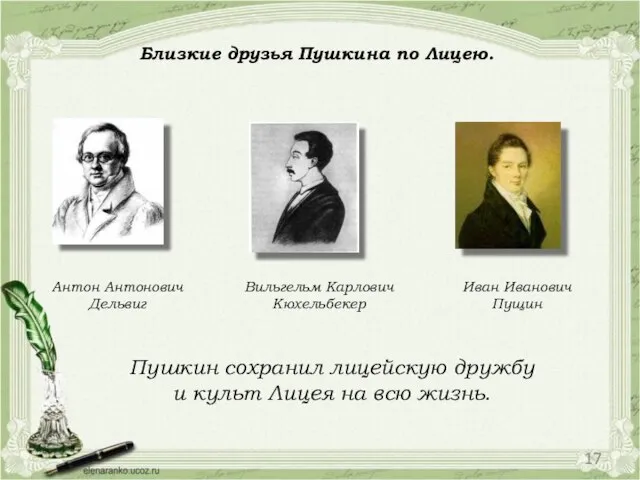 Антон Антонович Дельвиг Иван Иванович Пущин Близкие друзья Пушкина по Лицею.