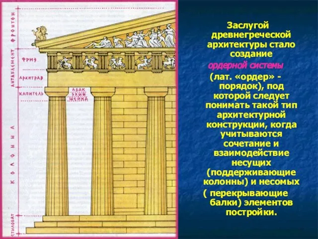 Заслугой древнегреческой архитектуры стало создание ордерной системы (лат. «ордер» - порядок),