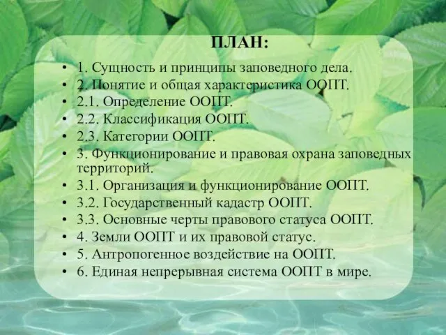 ПЛАН: 1. Сущность и принципы заповедного дела. 2. Понятие и общая