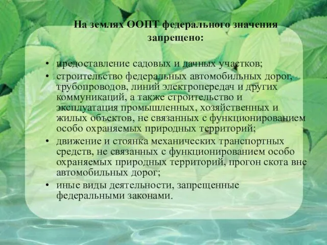 На землях ООПТ федерального значения запрещено: предоставление садовых и дачных участков;