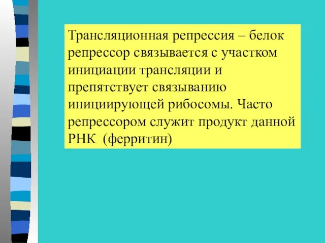 Трансляционная репрессия – белок репрессор связывается с участком инициации трансляции и