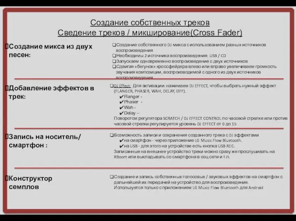 Создание собственных треков Сведение треков / микширование(Cross Fader) Создание микса из