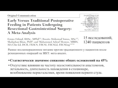 15 исследований, 1240 пациентов Статистически значимое снижение общих осложнений на 45%