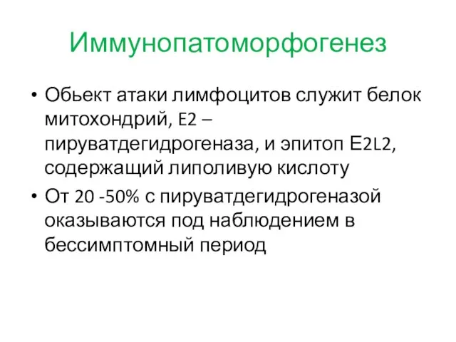 Иммунопатоморфогенез Обьект атаки лимфоцитов служит белок митохондрий, E2 – пируватдегидрогеназа, и