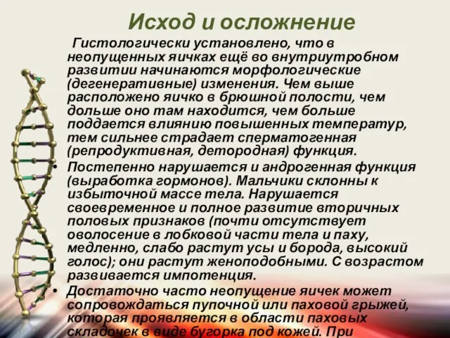 Исход и осложнение Гистологически установлено, что в неопущенных яичках ещё во