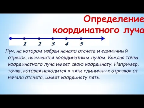 Определение координатного луча Луч, на котором избран начало отсчета и единичный