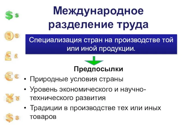 Международное разделение труда Предпосылки Природные условия страны Уровень экономического и научно-технического