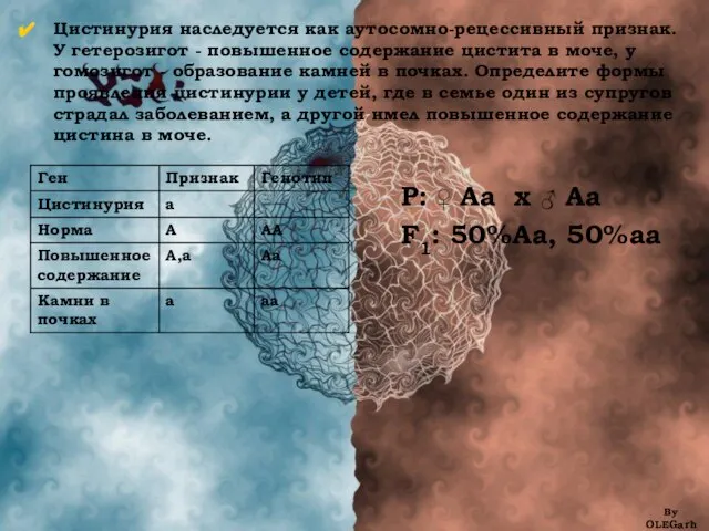 Цистинурия наследуется как аутосомно-рецессивный признак. У гетерозигот - повышенное содержание цистита