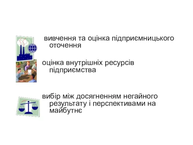 вивчення та оцінка підприємницького оточення оцінка внутрішніх ресурсів підприємства вибір між