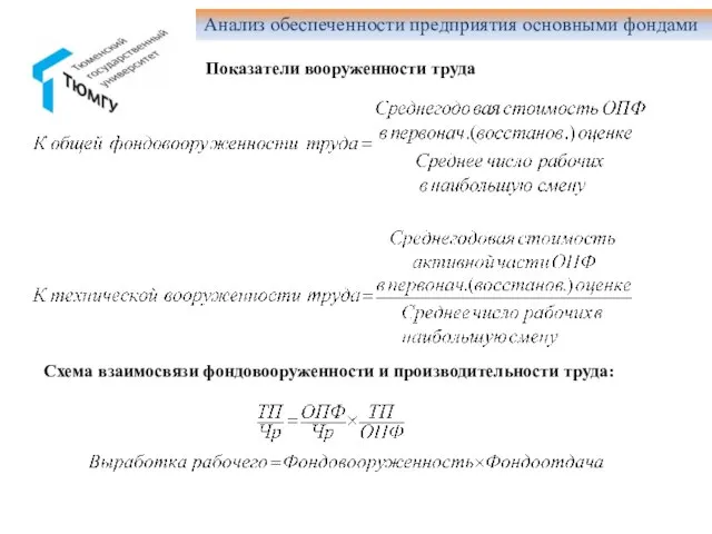 Анализ обеспеченности предприятия основными фондами Показатели вооруженности труда Схема взаимосвязи фондовооруженности и производительности труда: