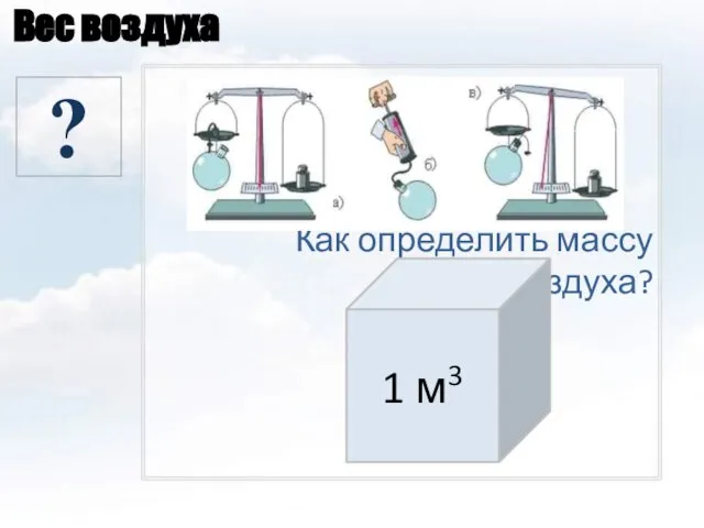 Вес воздуха Как определить массу воздуха? 1,29 кг 1 м3 ?