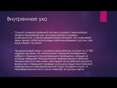 Внутреннее ухо Самой сложноустроенной частью слухового анализатора является внутреннее ухо, его