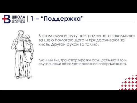 1 – “Поддержка” В этом случае руку пострадавшего закидывают за шею