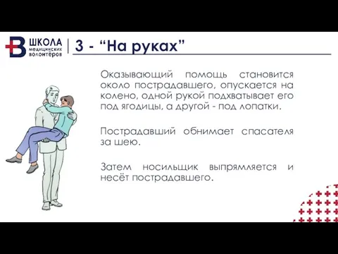 3 - “На руках” Оказывающий помощь становится около пострадавшего, опускается на