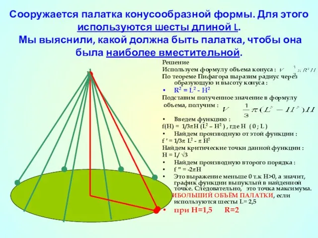 Решение Используем формулу объема конуса : По теореме Пифагора выразим радиус