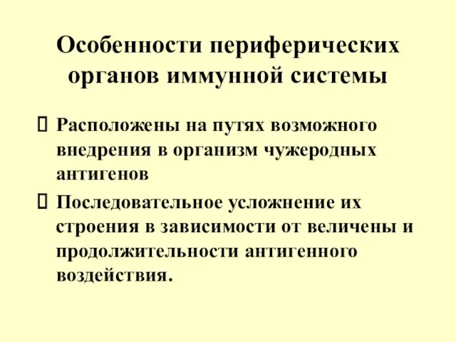 Особенности периферических органов иммунной системы Расположены на путях возможного внедрения в