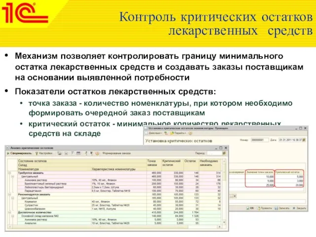 Контроль критических остатков лекарственных средств Механизм позволяет контролировать границу минимального остатка