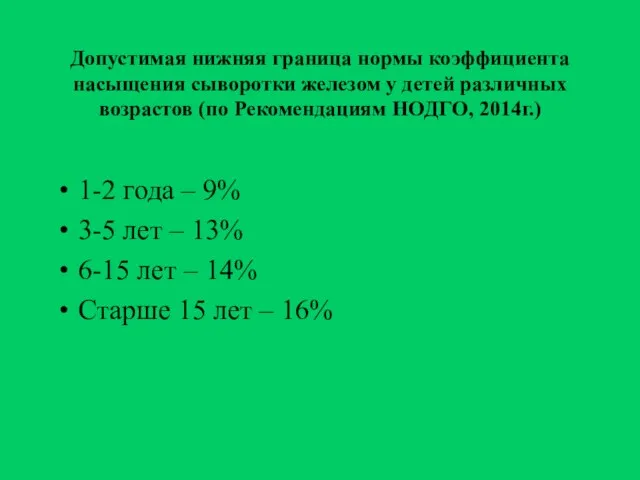 Допустимая нижняя граница нормы коэффициента насыщения сыворотки железом у детей различных