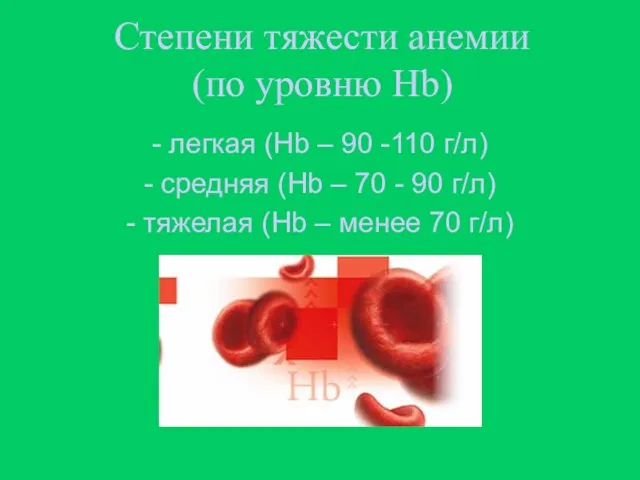 Степени тяжести анемии (по уровню Hb) - легкая (Hb – 90