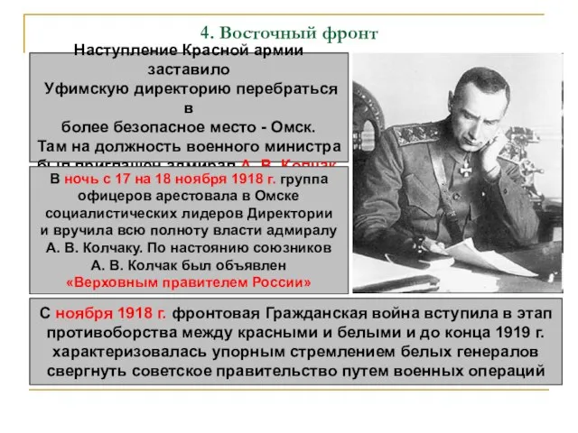 4. Восточный фронт Наступление Красной армии заставило Уфимскую директорию перебраться в