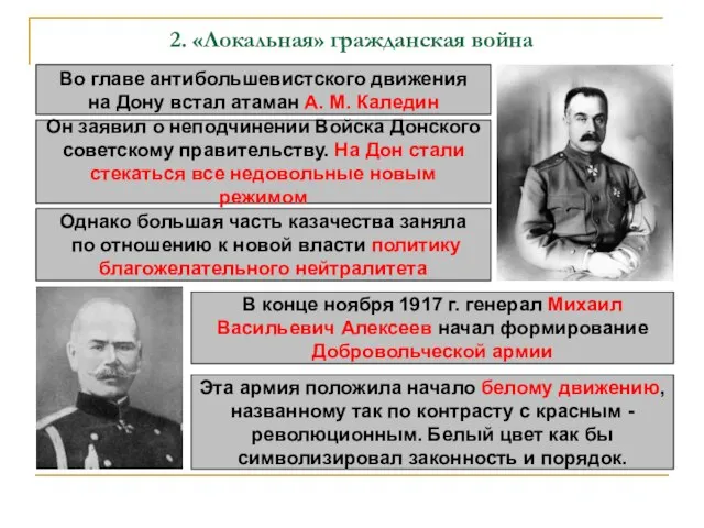 2. «Локальная» гражданская война Во главе антибольшевистского движения на Дону встал