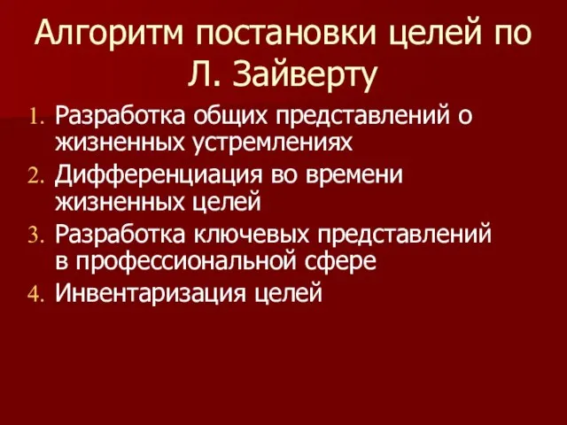 Алгоритм постановки целей по Л. Зайверту Разработка общих представлений о жизненных