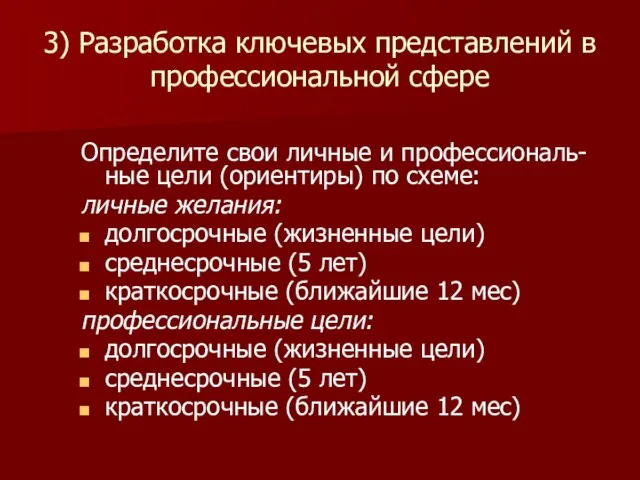 3) Разработка ключевых представлений в профессиональной сфере Определите свои личные и