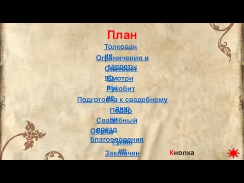 План Ограничения и запреты Сватовство Смотрины Подготовка к свадебному дню Подарки