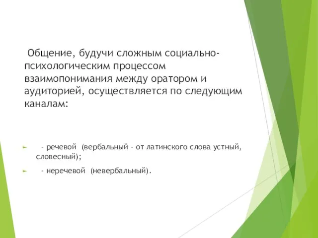 Общение, будучи сложным социально-психологическим процессом взаимопонимания между оратором и аудиторией, осуществляется