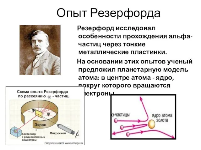 Опыт Резерфорда Резерфорд исследовал особенности прохождения альфа-частиц через тонкие металлические пластинки.