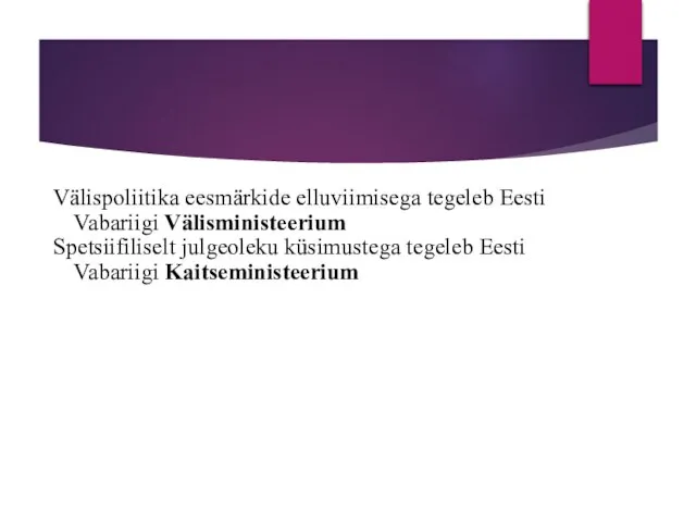 Välispoliitika eesmärkide elluviimisega tegeleb Eesti Vabariigi Välisministeerium Spetsiifiliselt julgeoleku küsimustega tegeleb Eesti Vabariigi Kaitseministeerium