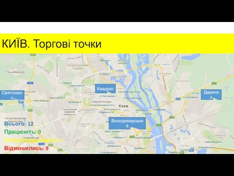 КИЇВ. Торгові точки Квадрат Даринок Святошино Володимирський Всього: 12 Працюють: 0 Готові працювати: 3 Відмовились: 9