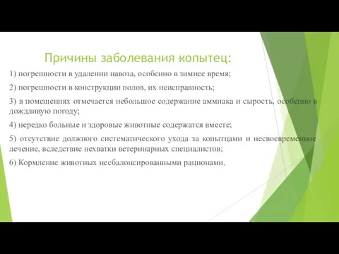 Причины заболевания копытец: 1) погрешности в удалении навоза, особенно в зимнее