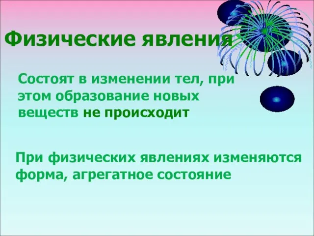 Физические явления Состоят в изменении тел, при этом образование новых веществ