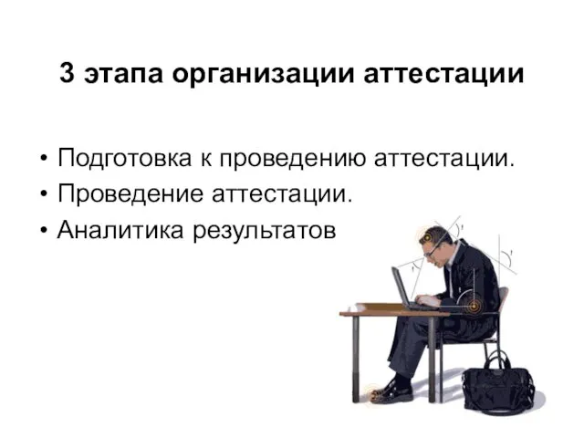 3 этапа организации аттестации Подготовка к проведению аттестации. Проведение аттестации. Аналитика результатов