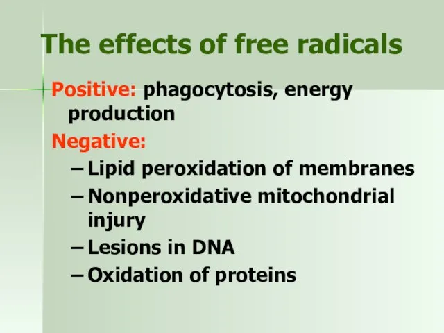 The effects of free radicals Positive: phagocytosis, energy production Negative: Lipid