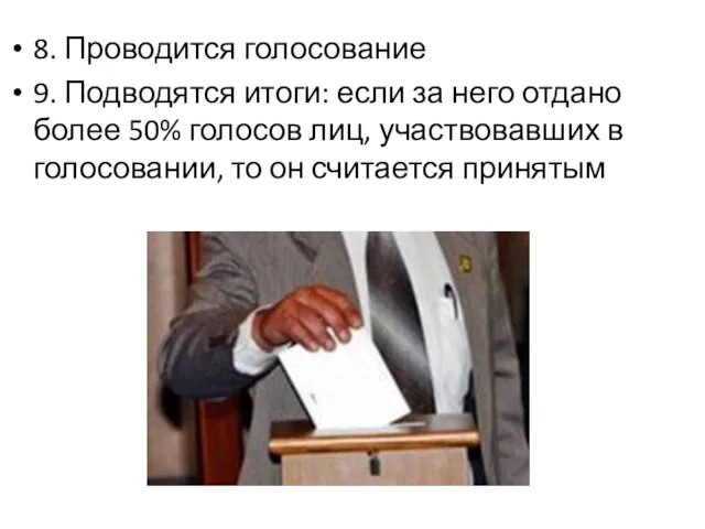 8. Проводится голосование 9. Подводятся итоги: если за него отдано более