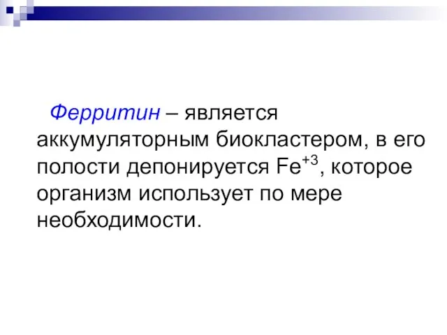 Ферритин – является аккумуляторным биокластером, в его полости депонируется Fe+3, которое организм использует по мере необходимости.