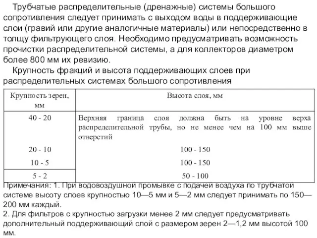 Трубчатые распределительные (дренажные) системы большого сопротивления следует принимать с выходом воды