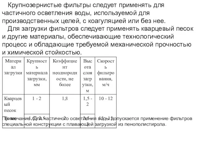 Крупнозернистые фильтры следует применять для частичного осветления воды, используемой для производственных