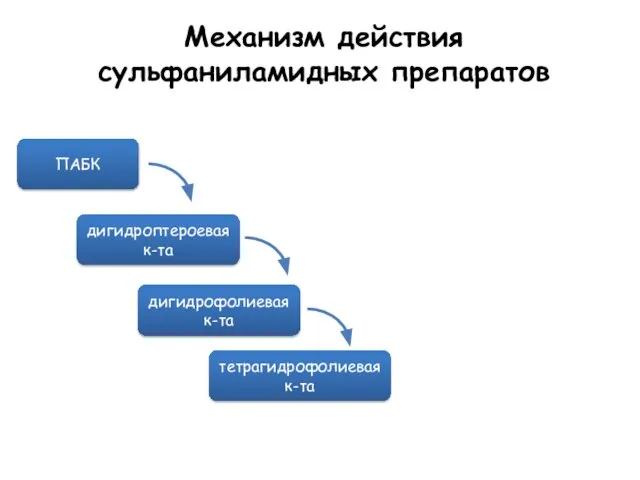 Механизм действия сульфаниламидных препаратов ПАБК дигидроптероевая к-та дигидрофолиевая к-та тетрагидрофолиевая к-та