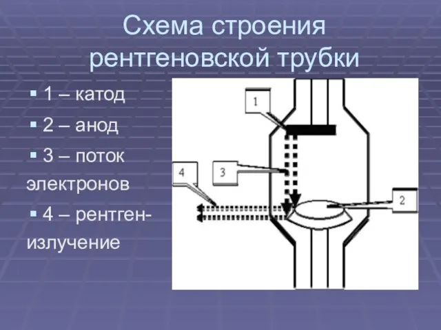 Схема строения рентгеновской трубки 1 – катод 2 – анод 3